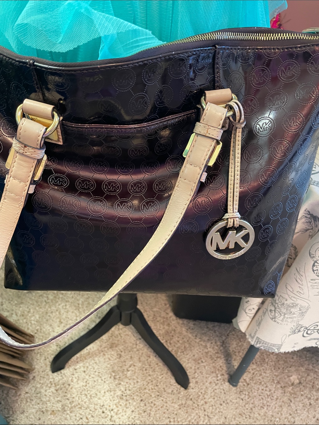Michael Kors Dark Sangria Tote With Beige Trim Gold Hardware